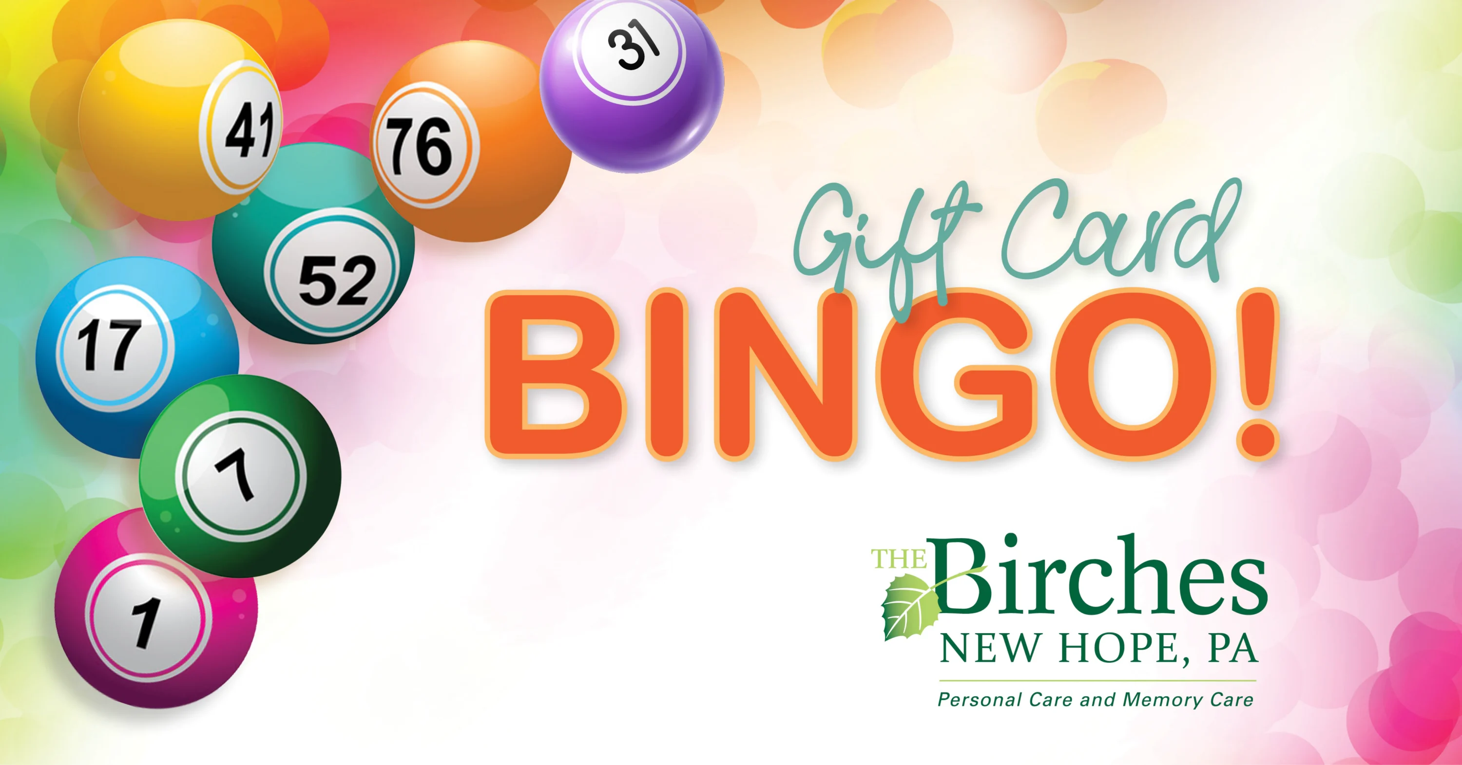 Colorful bingo balls with Gift Card Bingo text
