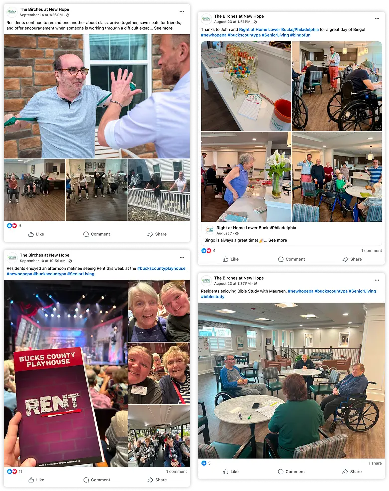 Senior residents engaging in community activities including group exercise, bingo games, a theater outing, and a Bible study session at The Birches at New Hope senior living community.