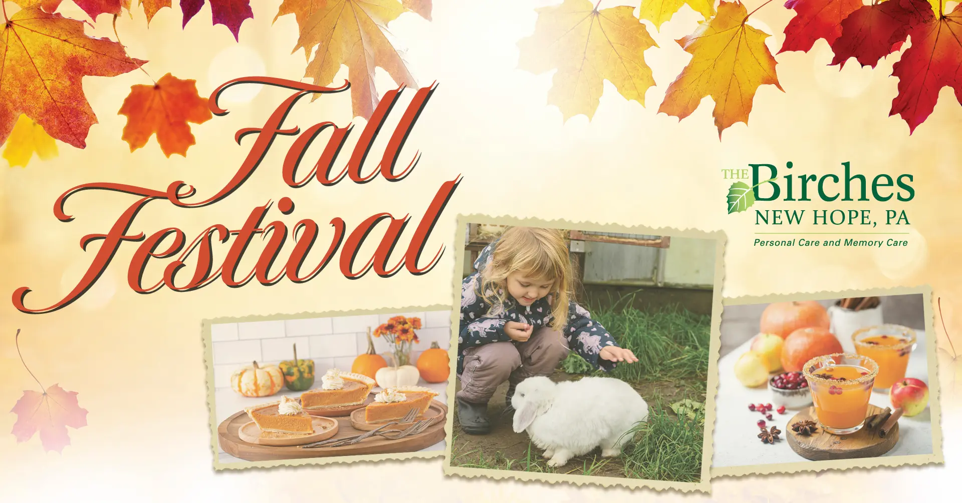 Fall festival flyer with pumpkins, child, rabbit, and drinks